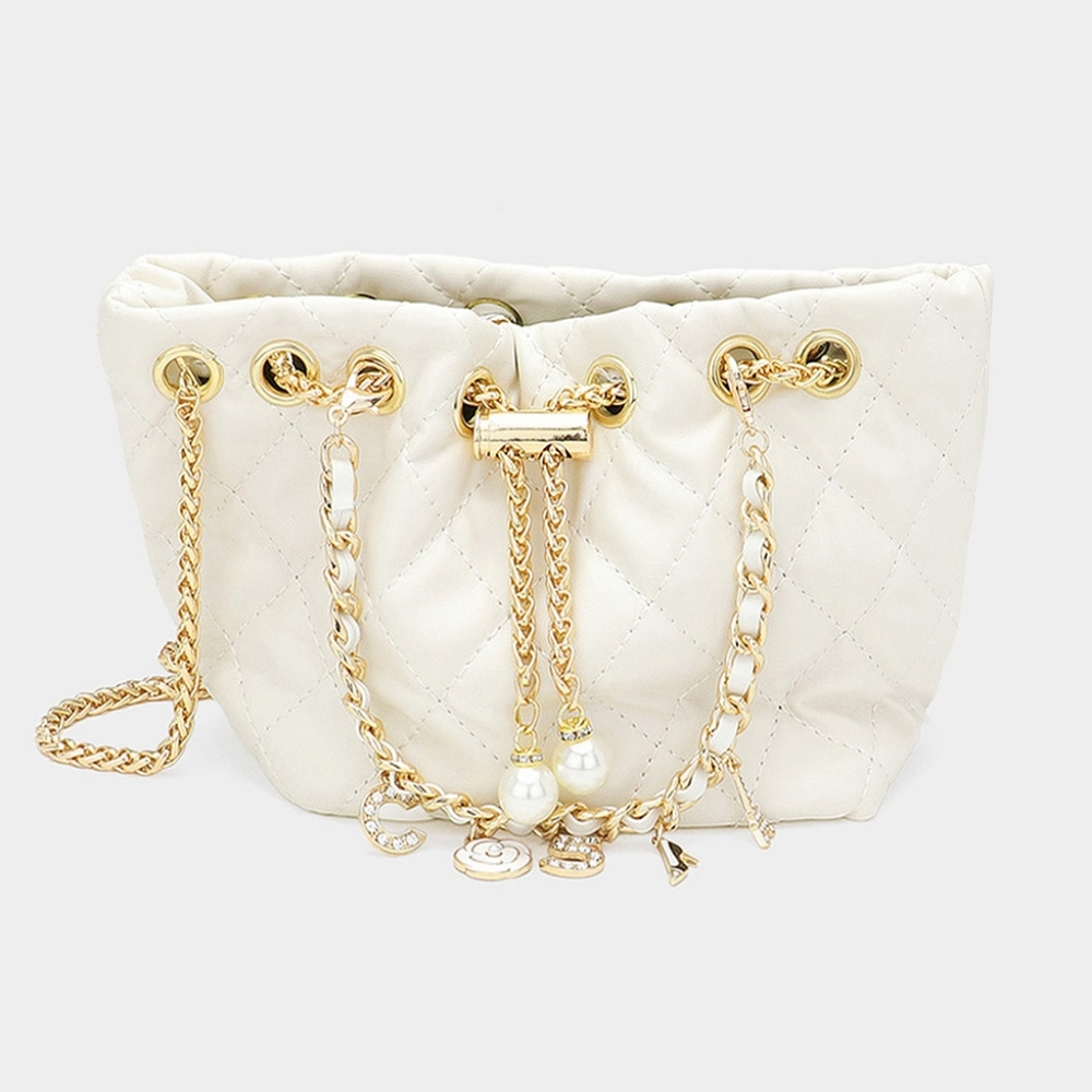 Gold & White Leather Mini Bucket Bag Pearl Charm Purse Cute Womens Chain Link